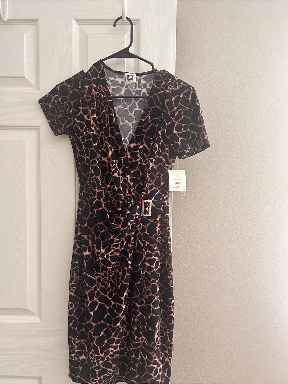Anne Klein Black and Brown Short Sleeve V-Neck Animal Print Dress